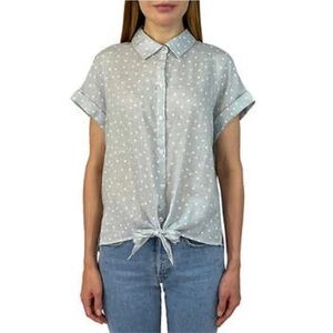 Jachs NY Girlfriend Linen Blend Tie-Front Grey Dot Button up Top Size Large